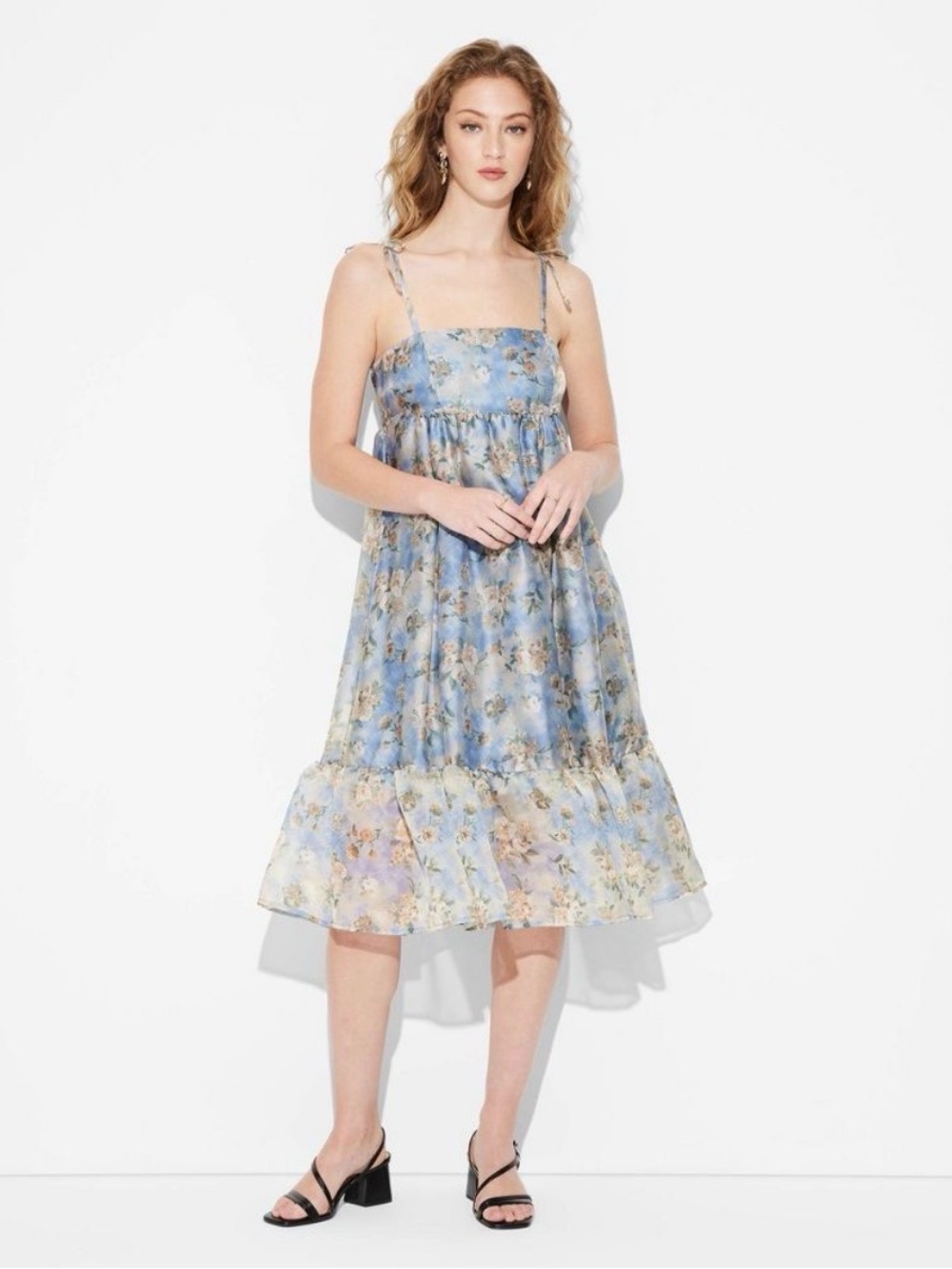 Wild Fable Organza Midi Babydoll Dress Blue Floral Vintage Style Women’s Size XS - Picture 2 of 8